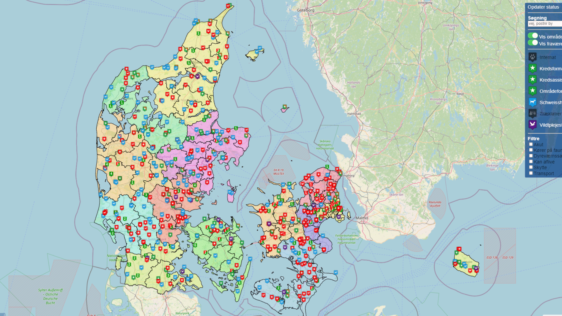 Danmarkskort som viser placeringen af de frivillige kredsformænd- og assistenter, områdeformænd, schweisshundeførere og vildtplejestationer