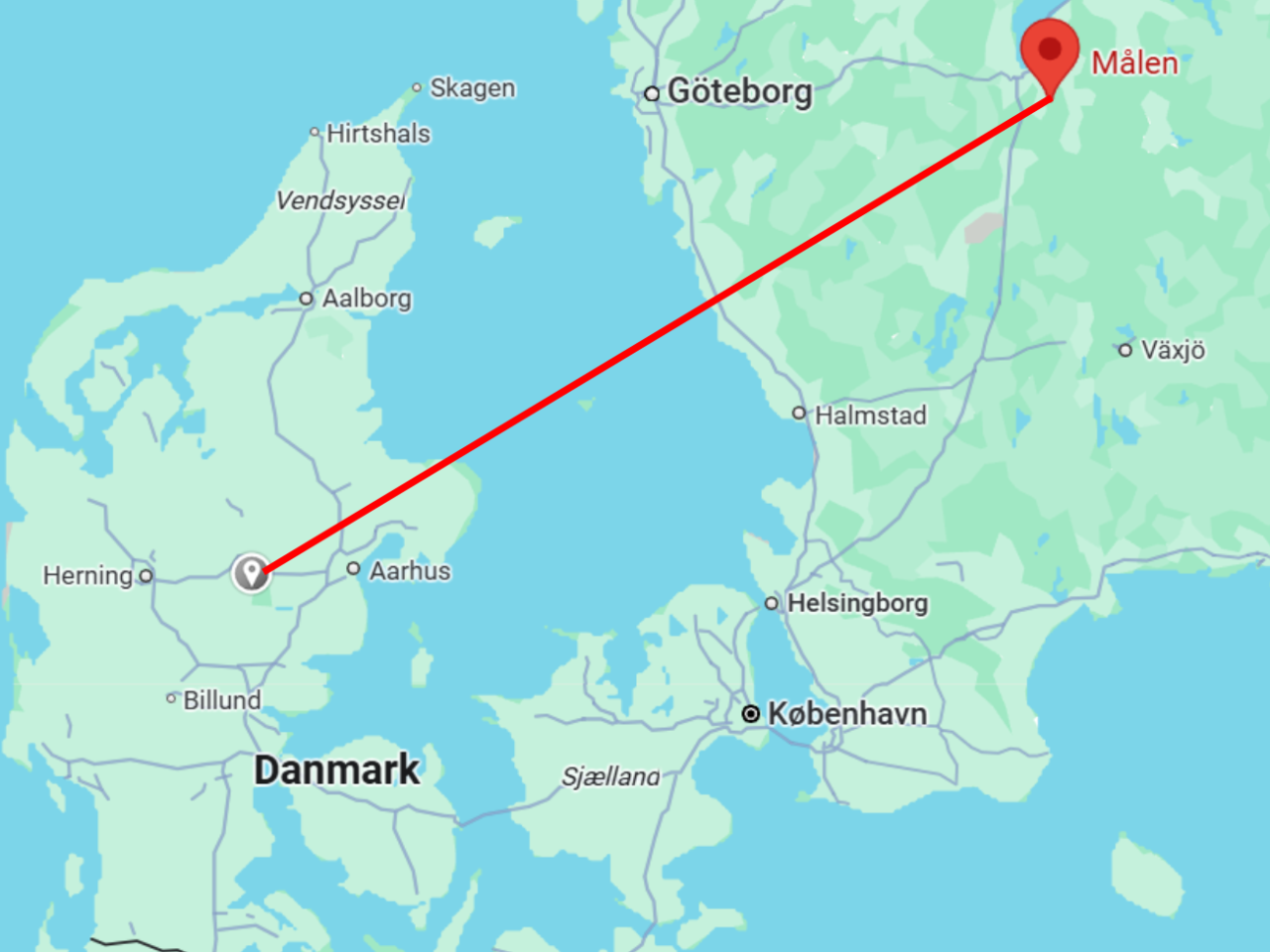 Kort over Danmark og Sverige, der viser, at tårnfalken har fløjet 300 kilometer fra Målen i Sverige til Silkeborg i Danmark.